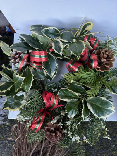 Christmas Grave Posy - small fresh grave posy made with beautiful fresh foliage, created to last this season. Can be made in any colour ribbon of your choosing.